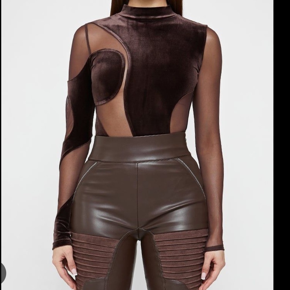 Maniere de Voir Vertical Brown Mesh Panel Bodysuit